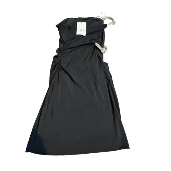 Zara Womens Mini Dress S Black Rhinestone shoulder Ruched Cut Out 7802/636 NWT - Picture 4 of 10